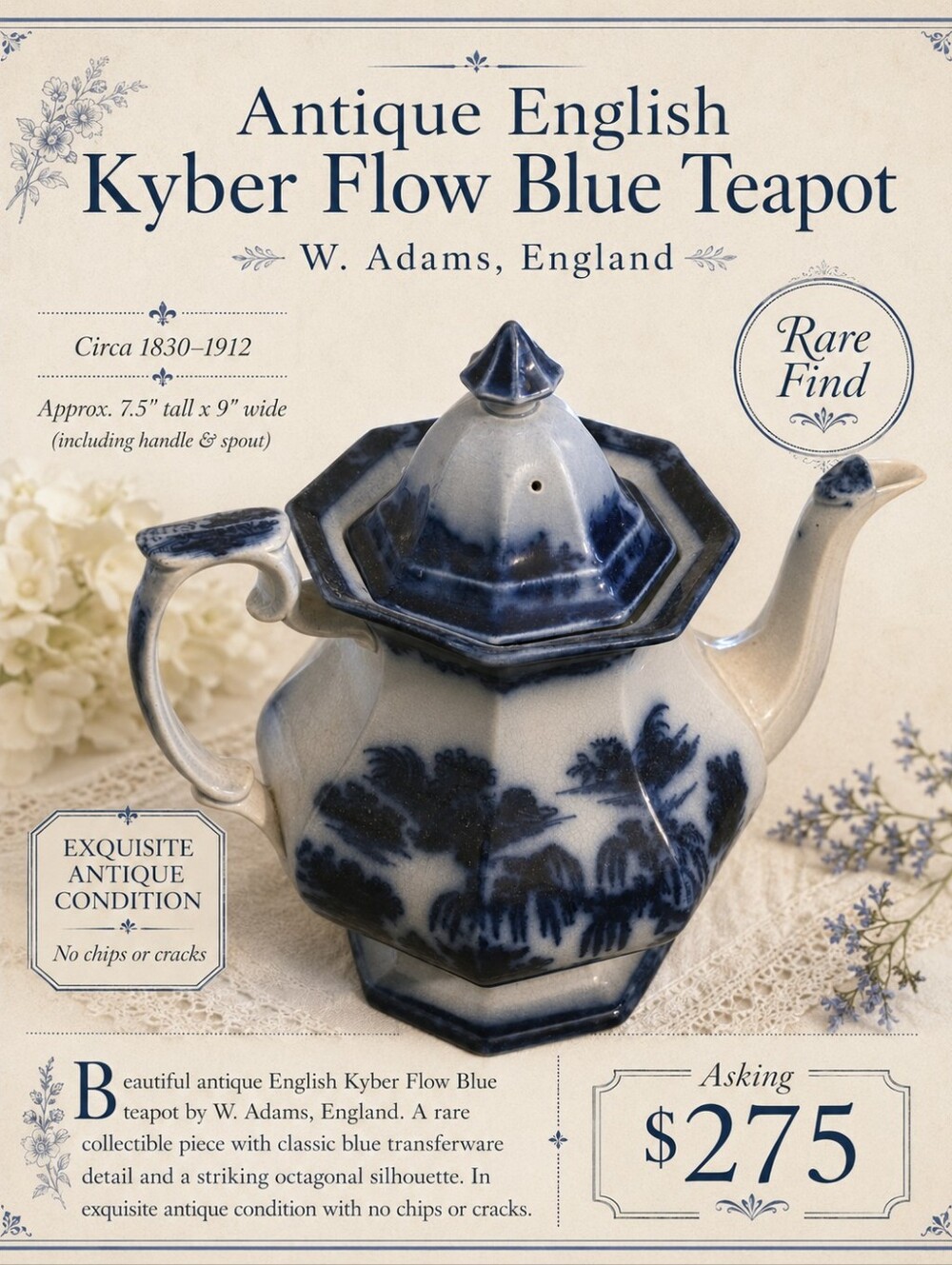 Antique W. Adams Kyber Flow Blue Teapot England Rare